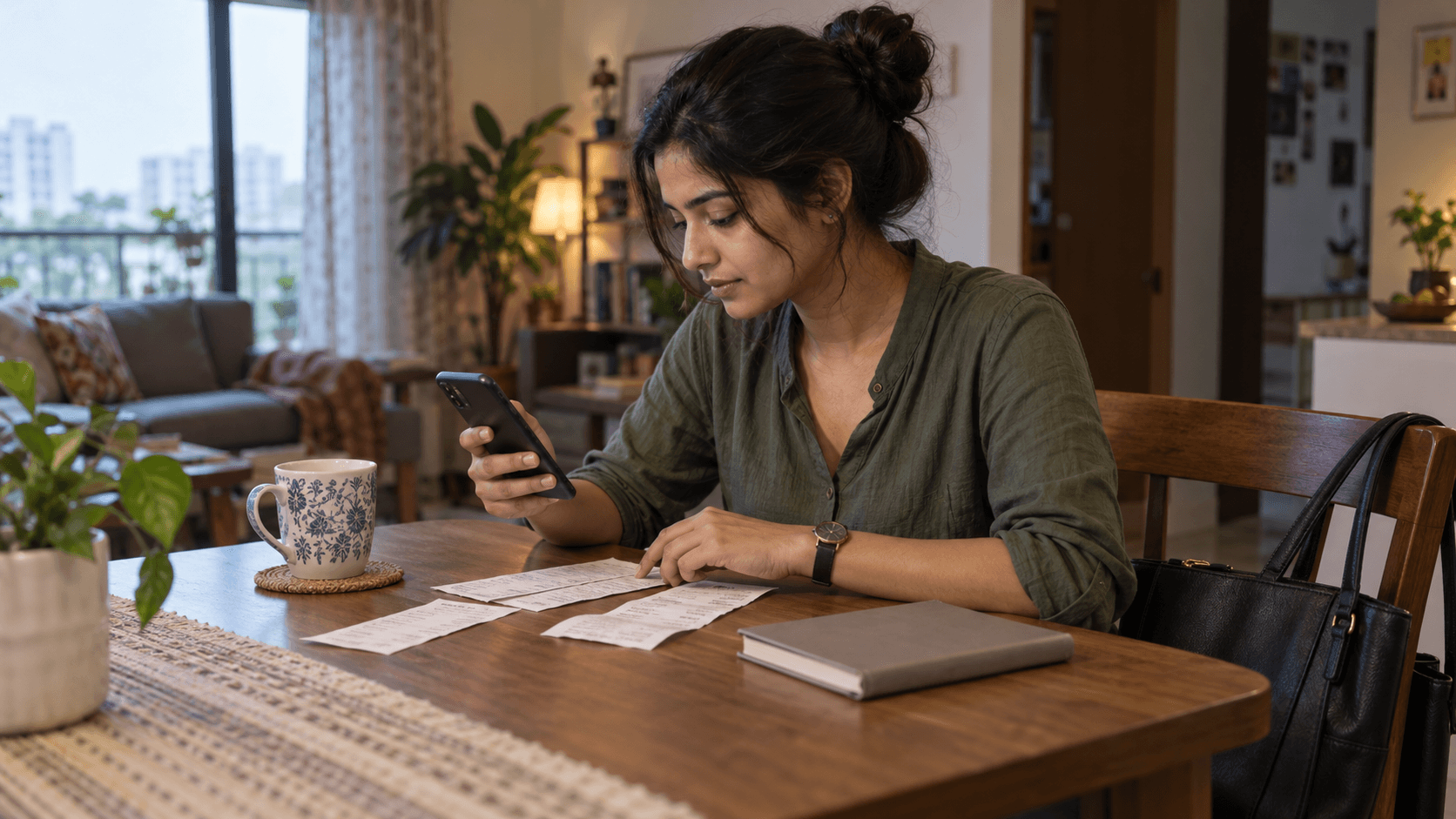 Woman reviewing a phone and receipts at her kitchen table