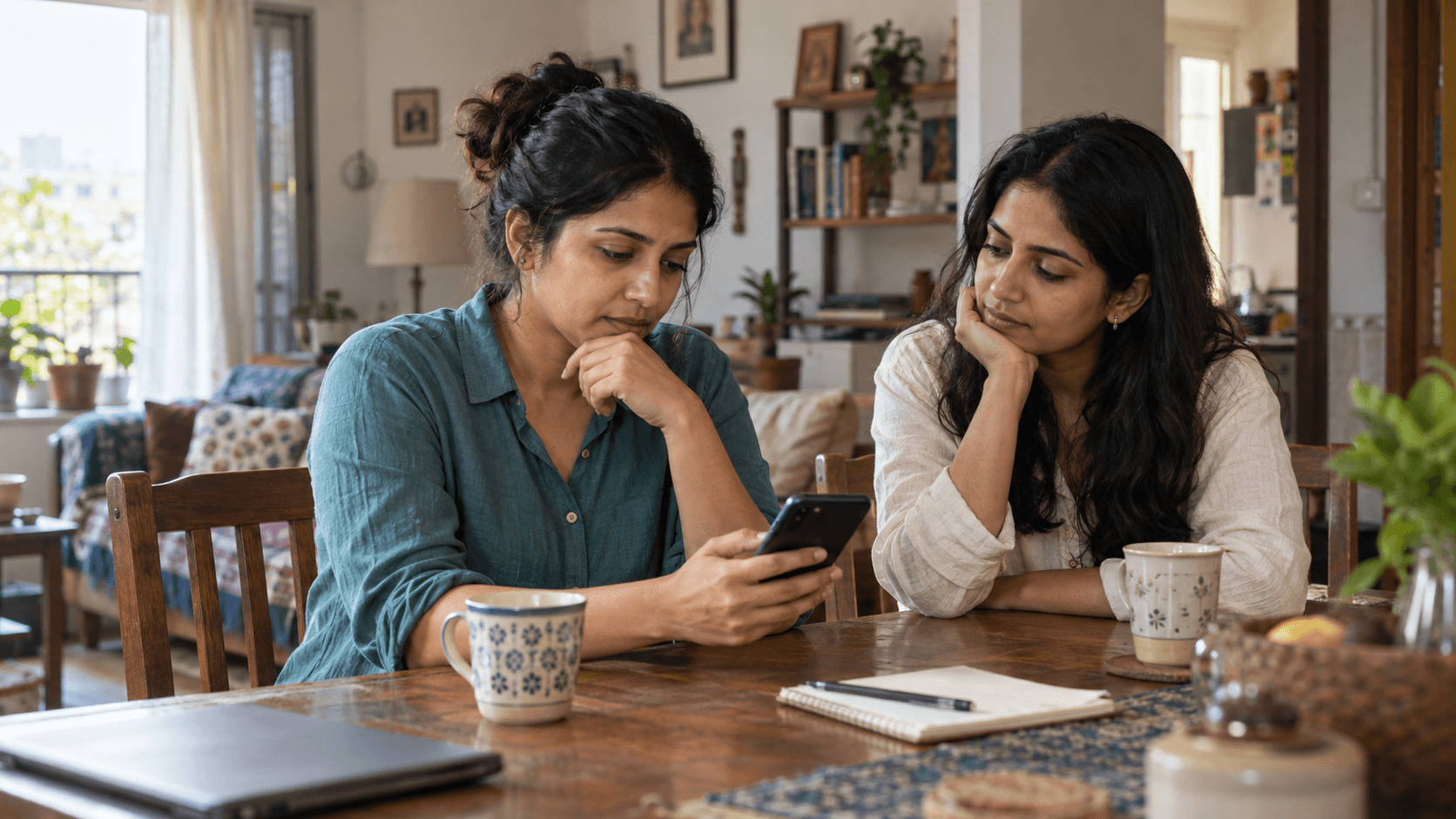 Two women at home thoughtfully reviewing a smartphone together.