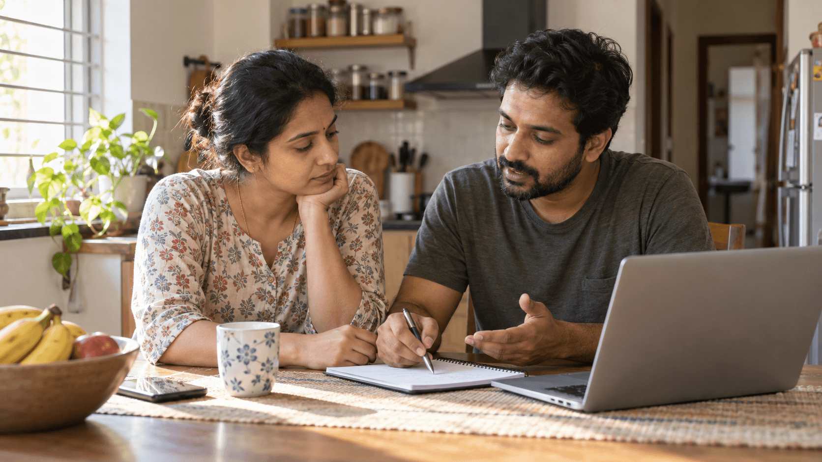 Couple reviewing a notebook and laptop together at home