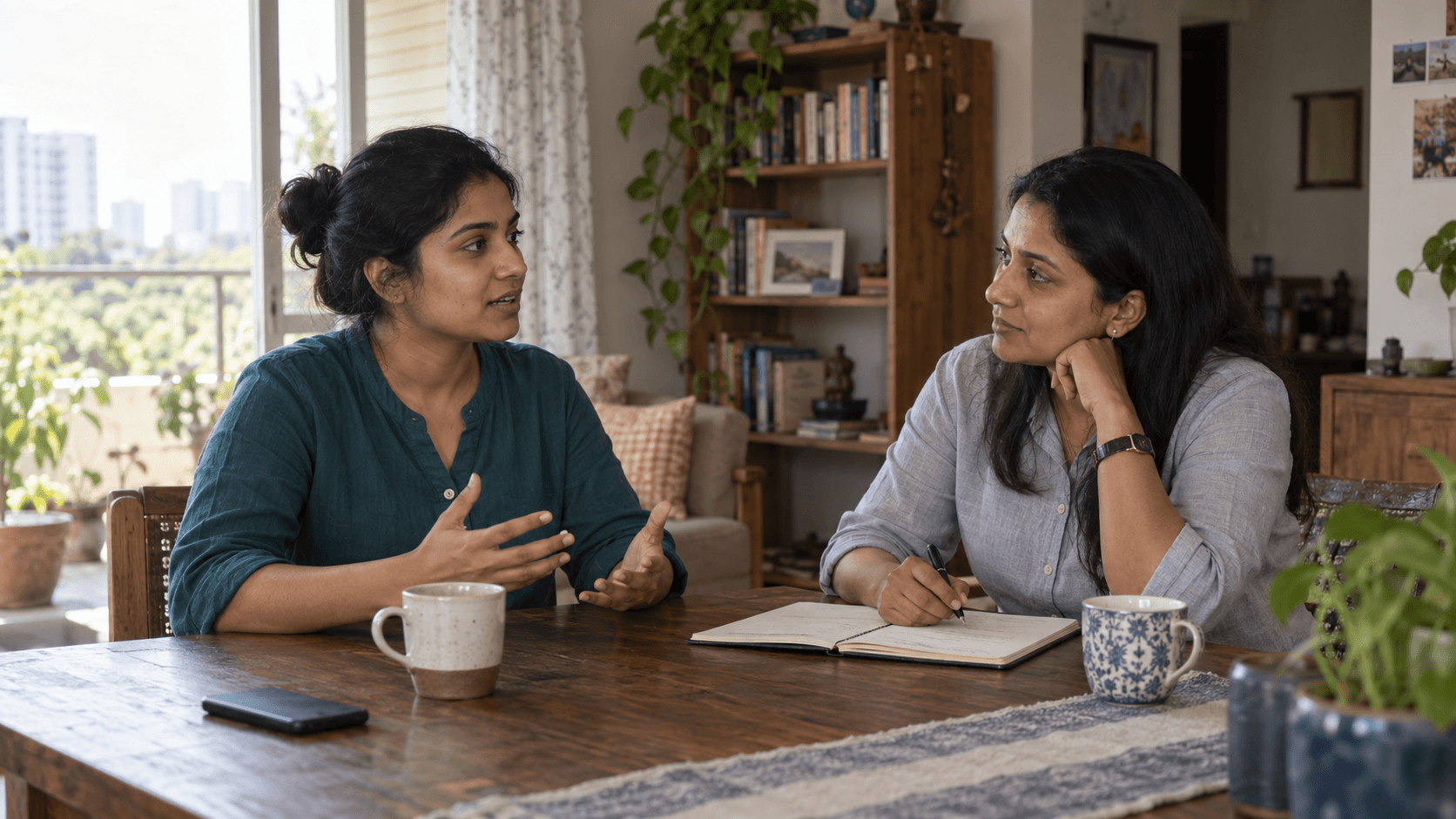 Illustrative scene of a woman discussing a financial decision with an attentive advisor at a kitchen table.