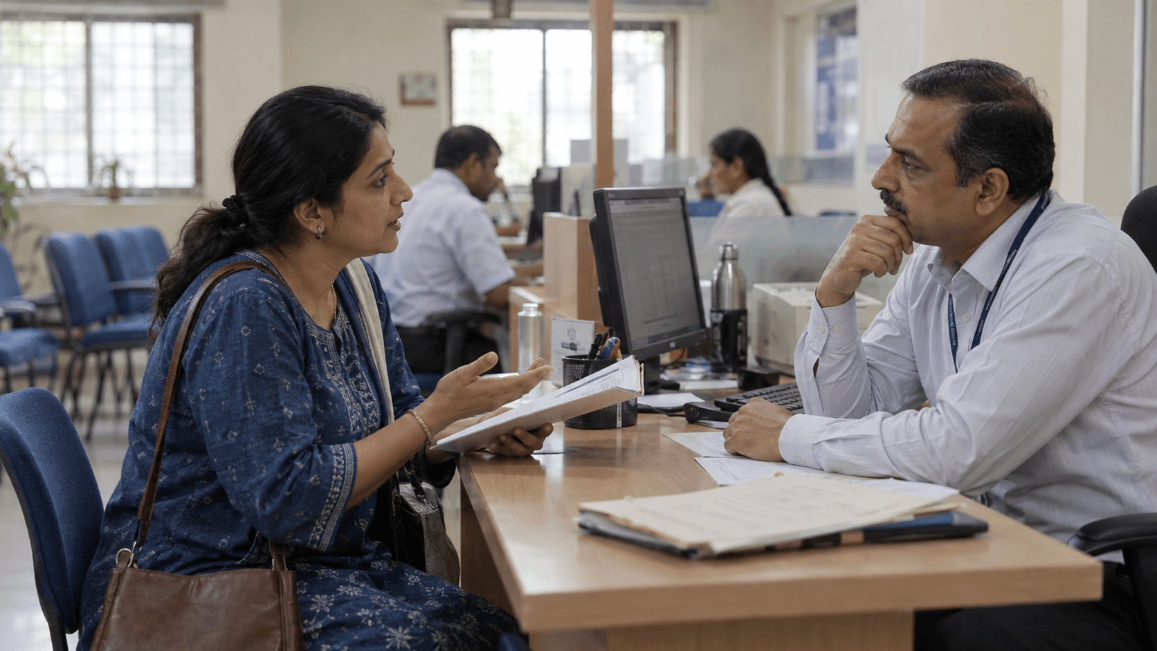 Illustrative scene of a customer asking a bank officer to explain the terms of a financial decision.