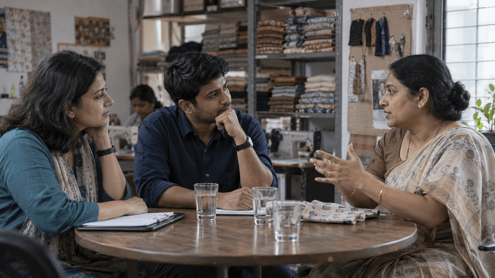 Illustrative scene of a business owner explaining her needs while a founder and investor listen.