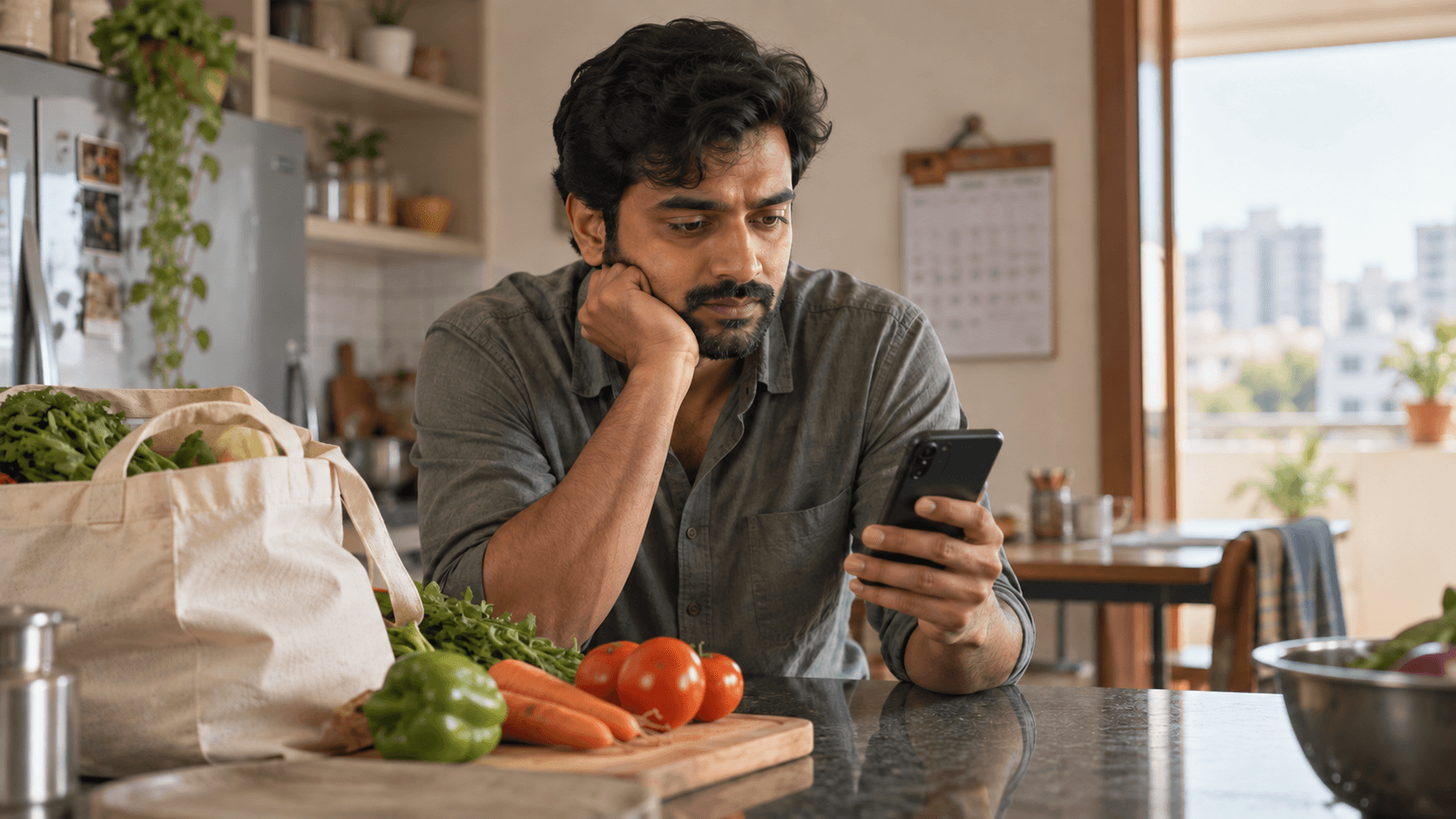 Man checking his phone beside groceries in his kitchen