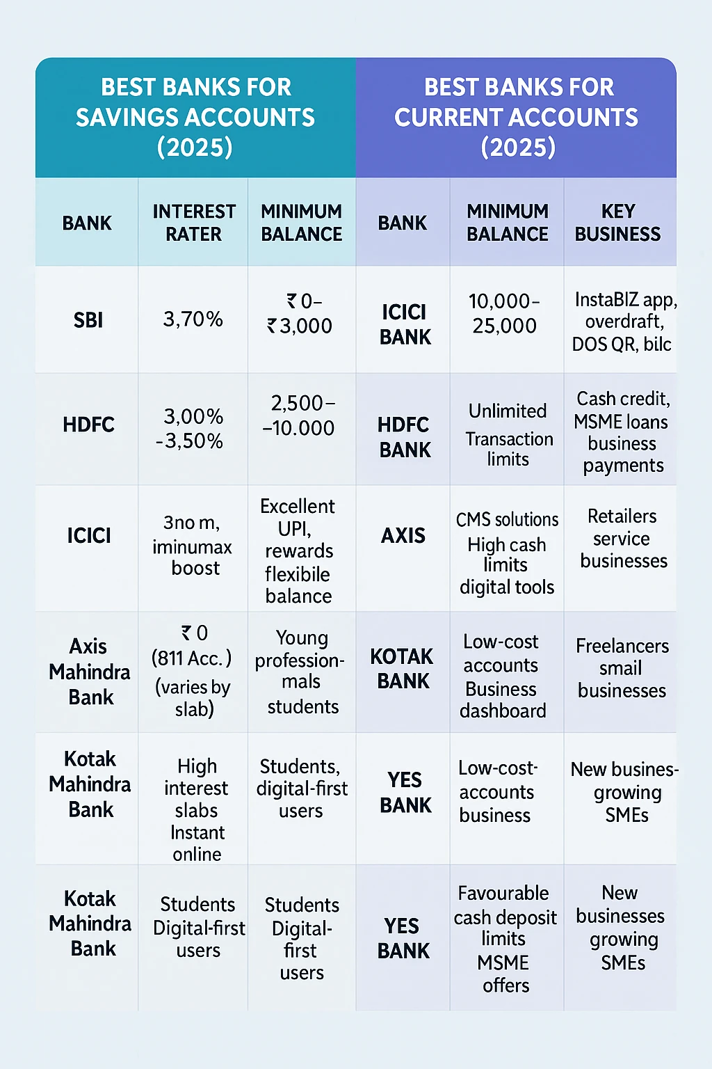 Comparison Table: Best Banks for Savings & Current Accounts (2025)